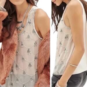 Forever 21 Beige Silver Beaded Jeweled Tank Top S